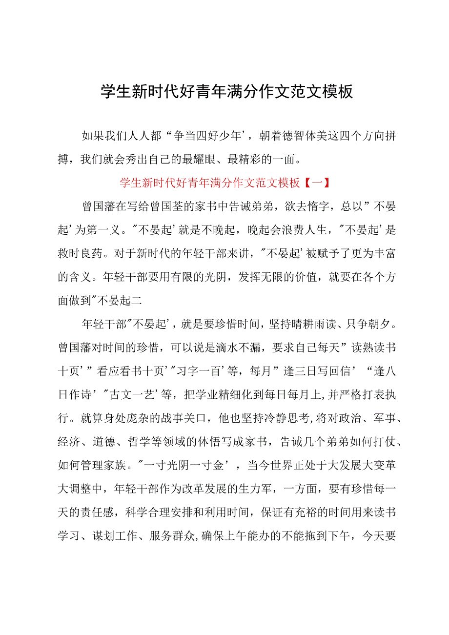 学生新时代好青年满分作文范文模板.docx_第1页