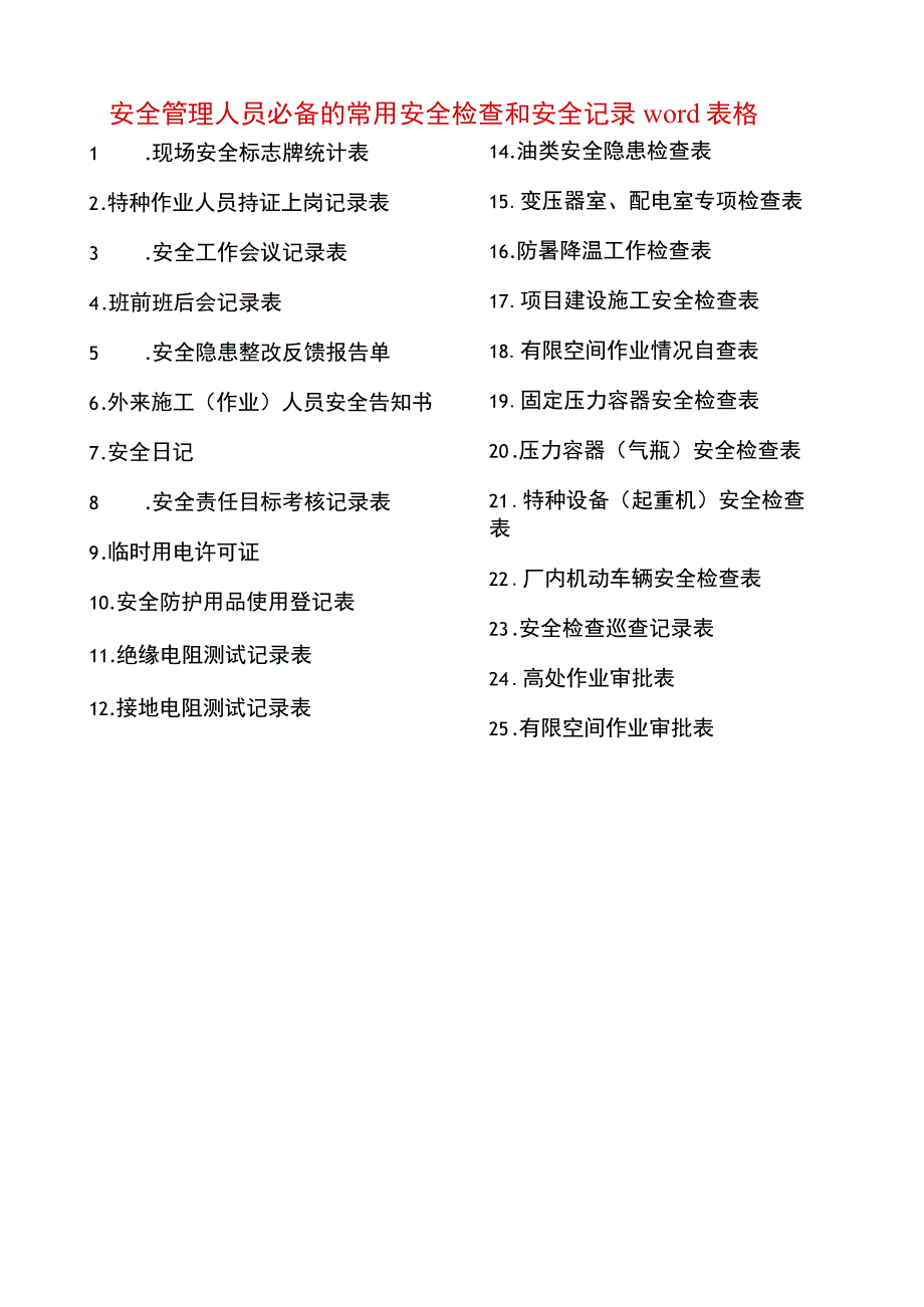 安全管理人员必备的常用安全检查安全记录全套word表格.docx_第1页