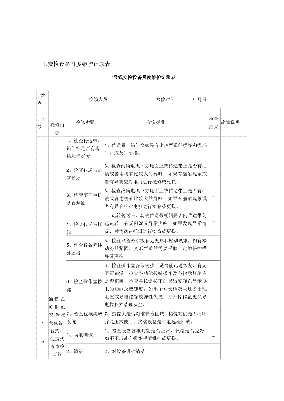 安检设备月度、季度维护记录表.docx_第1页