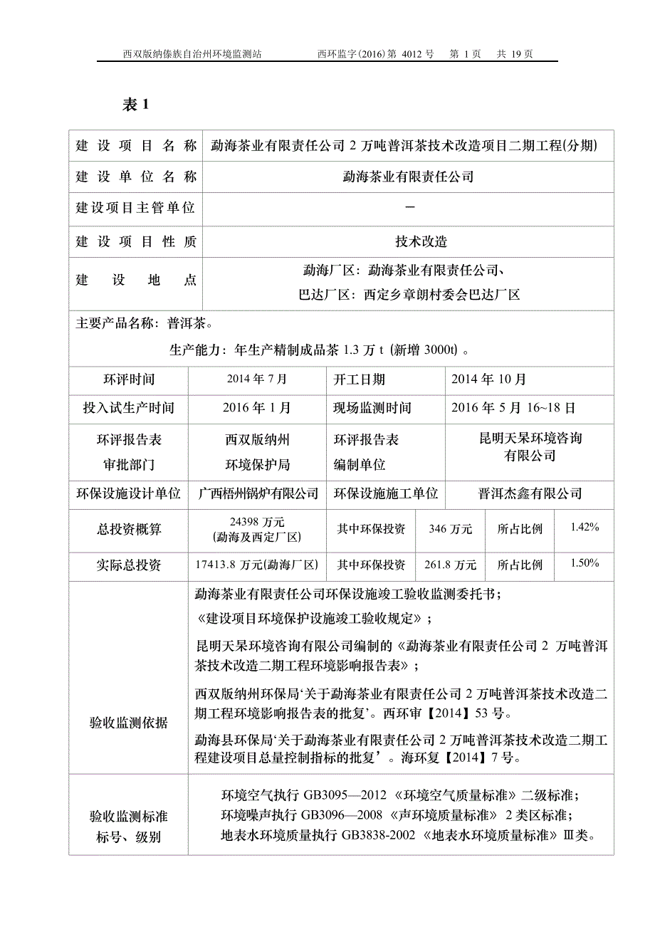 勐海茶业有限责任公司2万吨普洱茶技术改造项目二期工程（分期）竣工环境保护验收调查表.docx_第3页