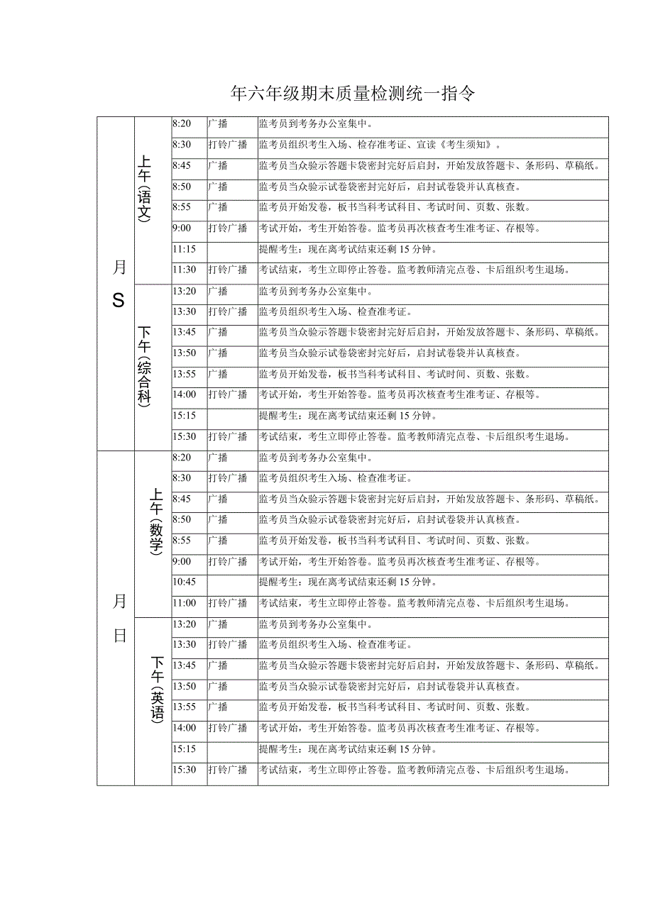 小学六年级期末质量检测统一指令表.docx_第1页