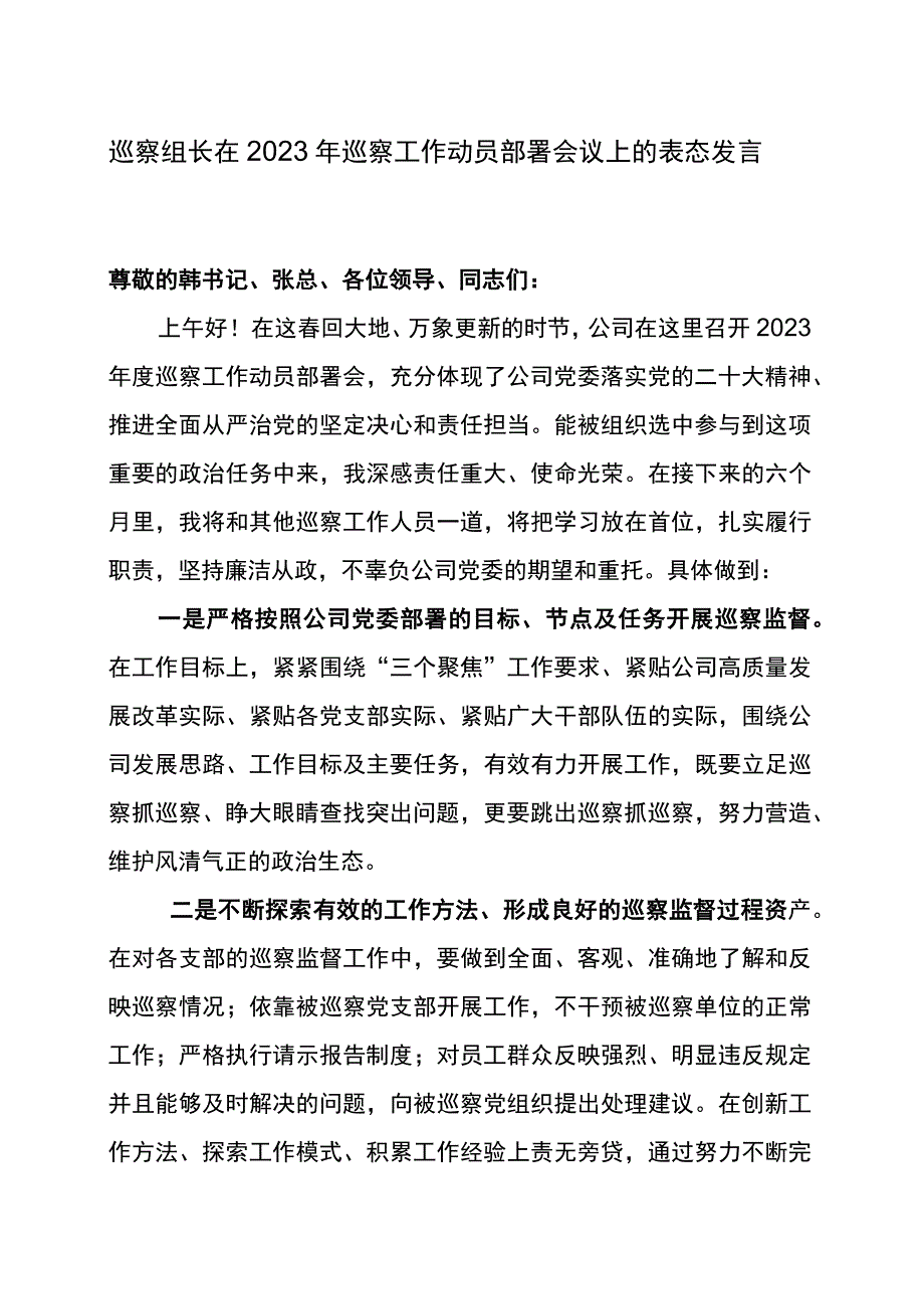 巡察组长在2023年巡察工作动员部署会议上的表态发言.docx_第1页