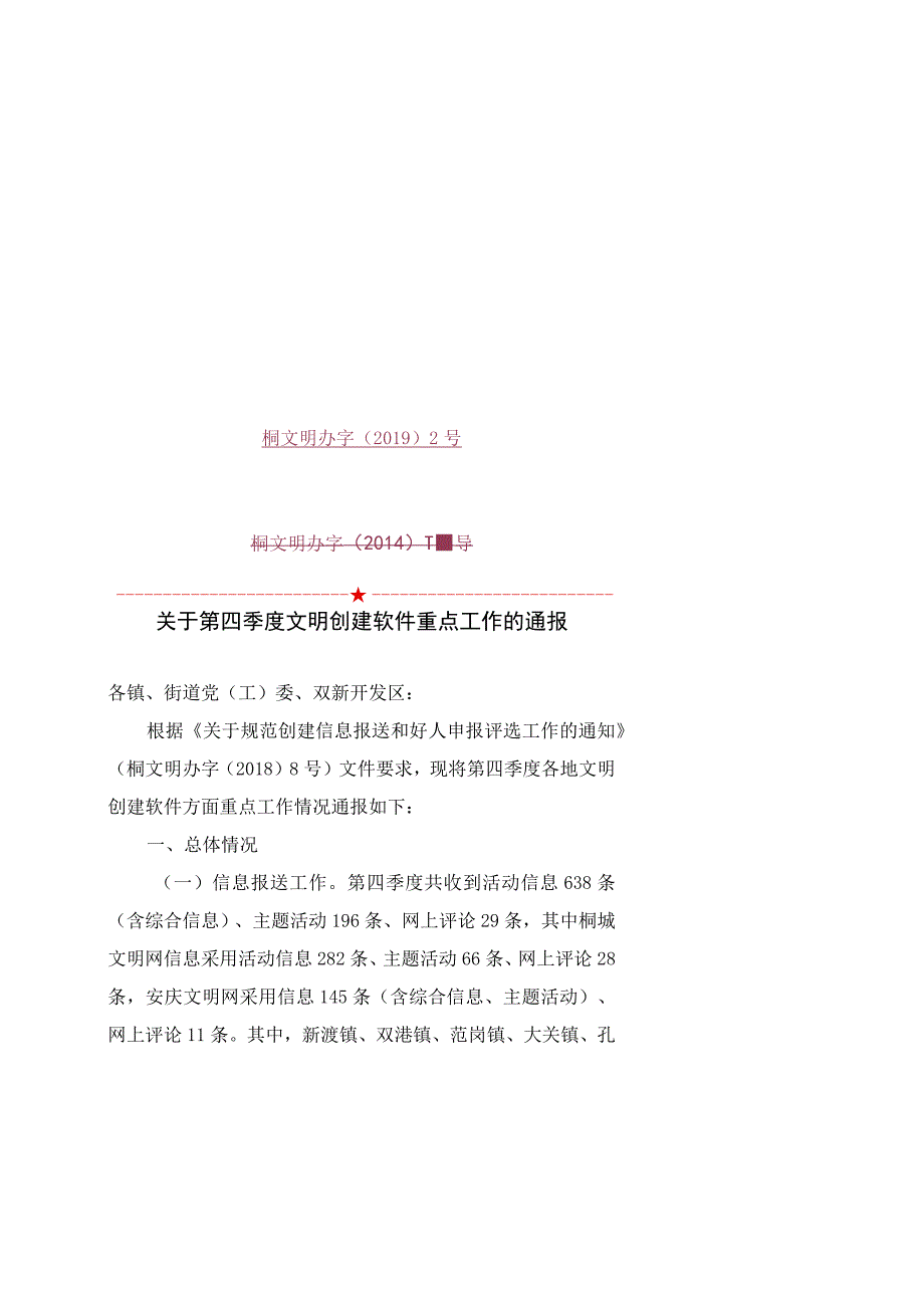 关于第四季度文明创建软件重点工作的通报范本.docx_第1页