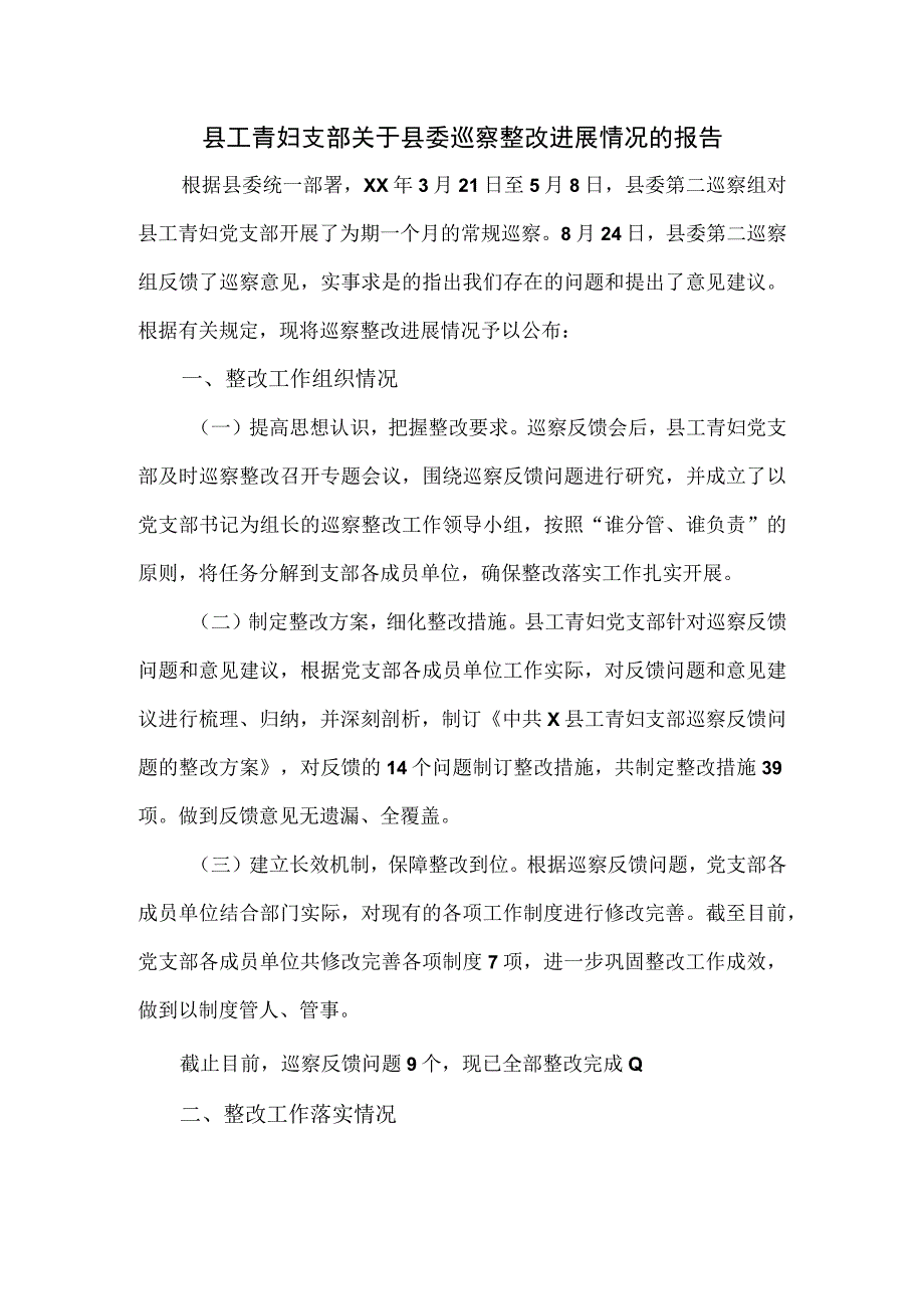 县工青妇支部关于县委巡察整改进展情况的报告.docx_第1页