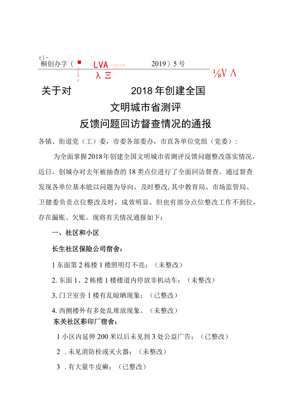 关于对2018年创建全国文明城市省测评反馈问题回访督查情况的通报范本.docx_第1页