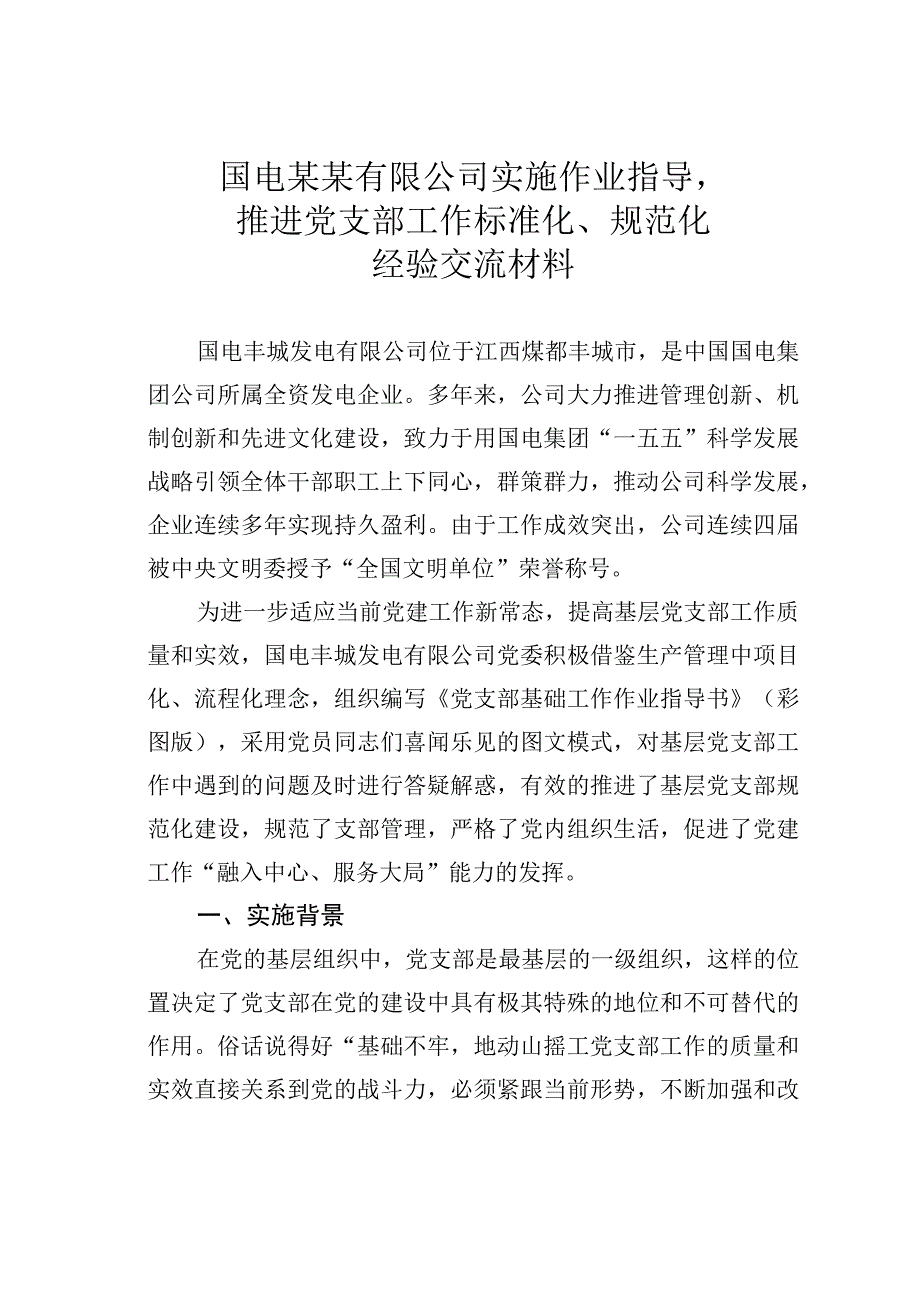 国电某某有限公司实施作业指导推进党支部工作标准化规范化经验交流材料.docx_第1页