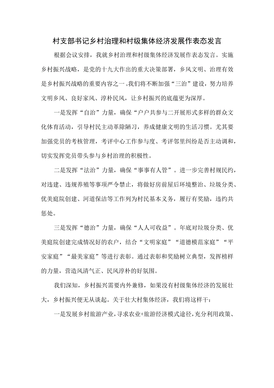 村支部书记乡村治理和村级集体经济发展作表态发言.docx_第1页