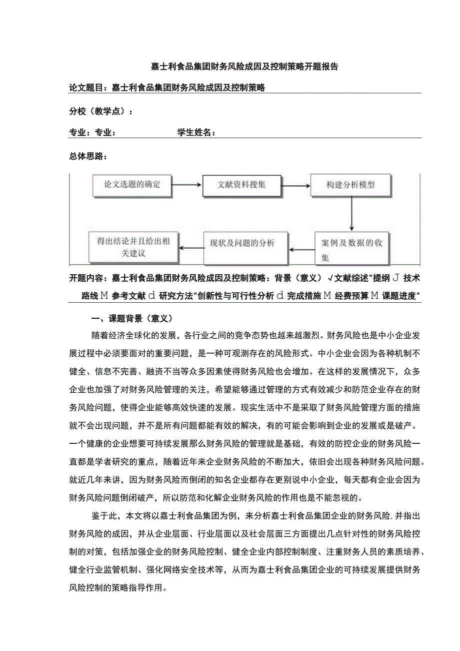 浅析嘉士利食品集团企业财务风险的管理开题报告文献综述.docx_第1页