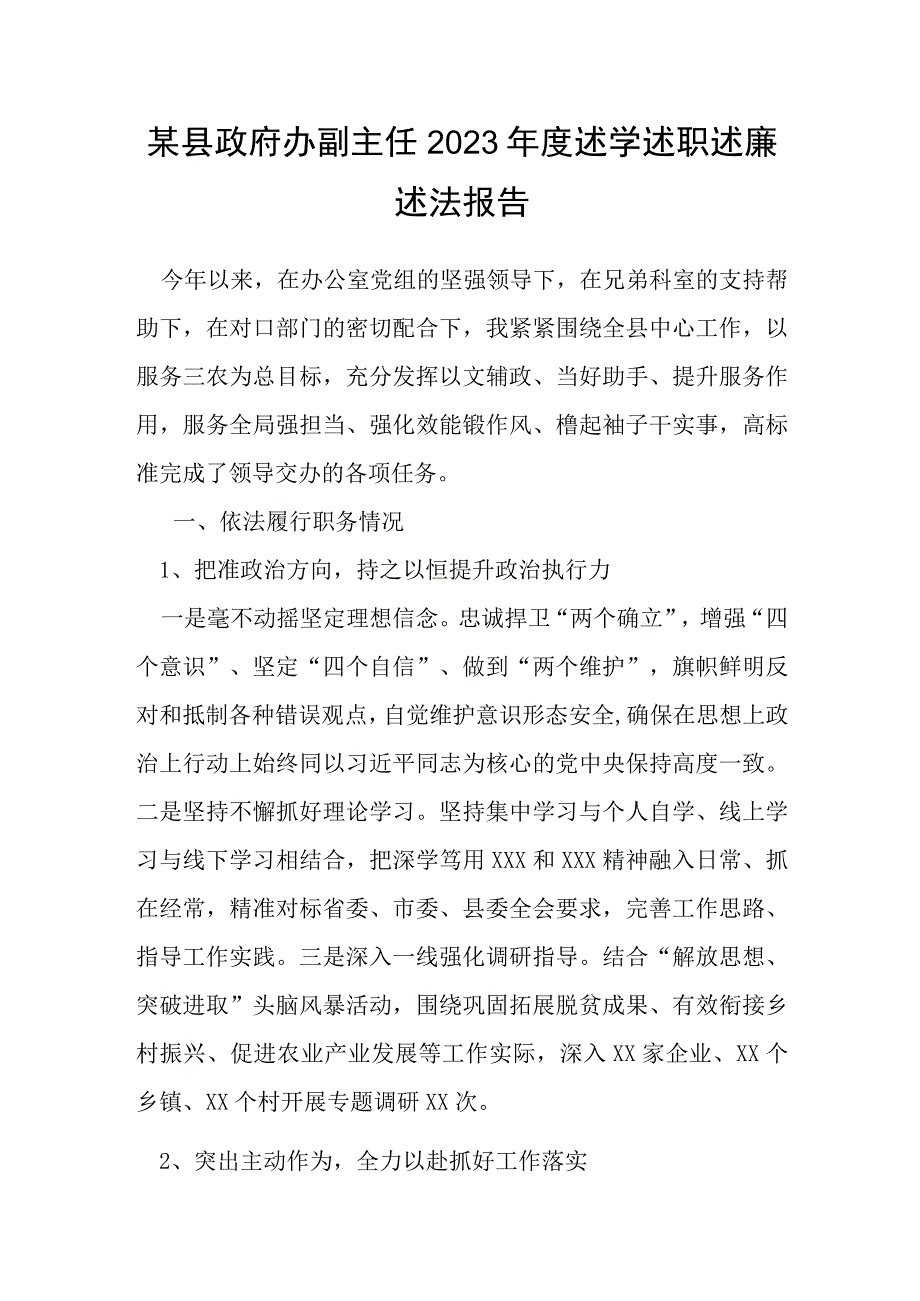 某县政府办副主任2023年度述学述职述廉述法报告.docx_第1页