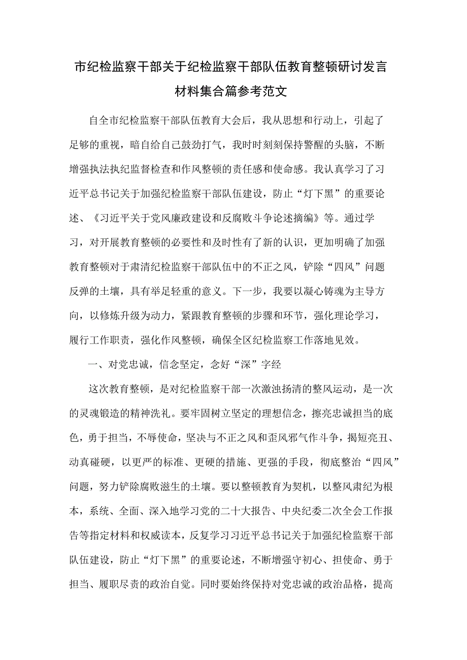 市纪检监察干部关于纪检监察干部队伍教育整顿研讨发言材料集合篇参考范文.docx_第1页