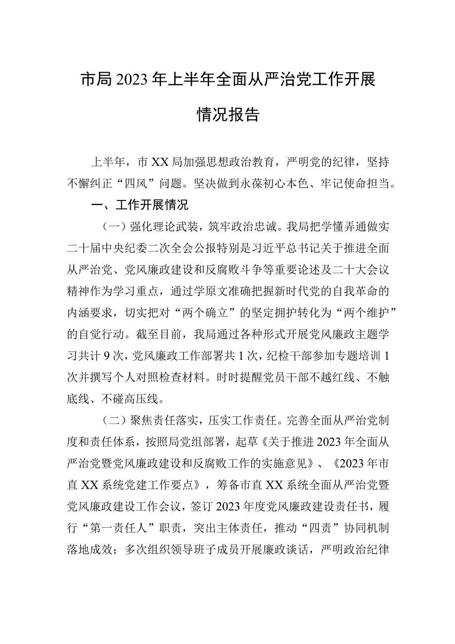 市局2023年上半年全面从严治党工作开展情况报告.docx_第1页