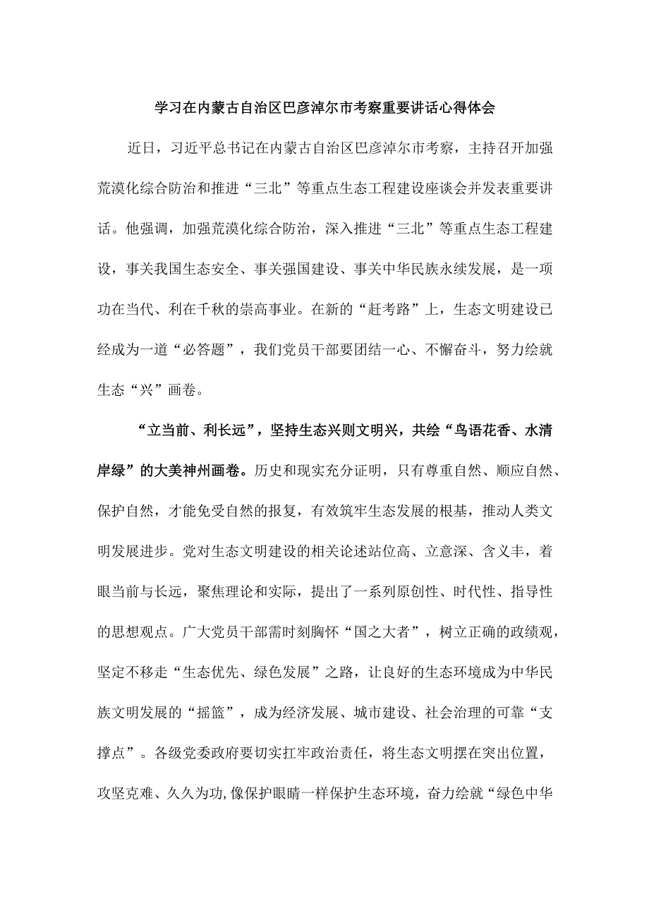 学习在内蒙古自治区巴彦淖尔市考察重要讲话心得体会.docx_第1页