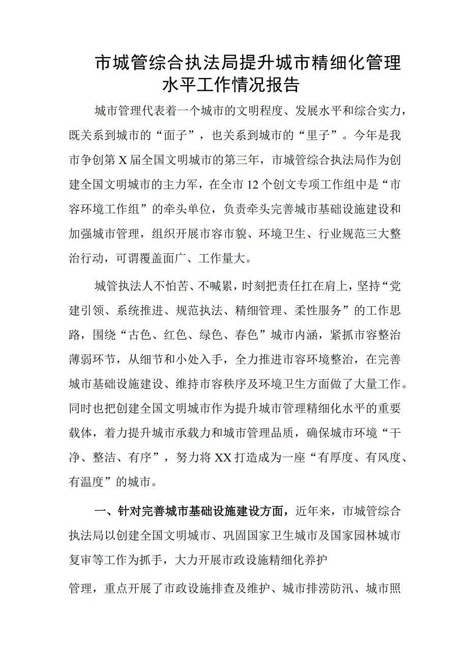 市城管综合执法局提升城市精细化管理水平工作情况报告.docx_第1页