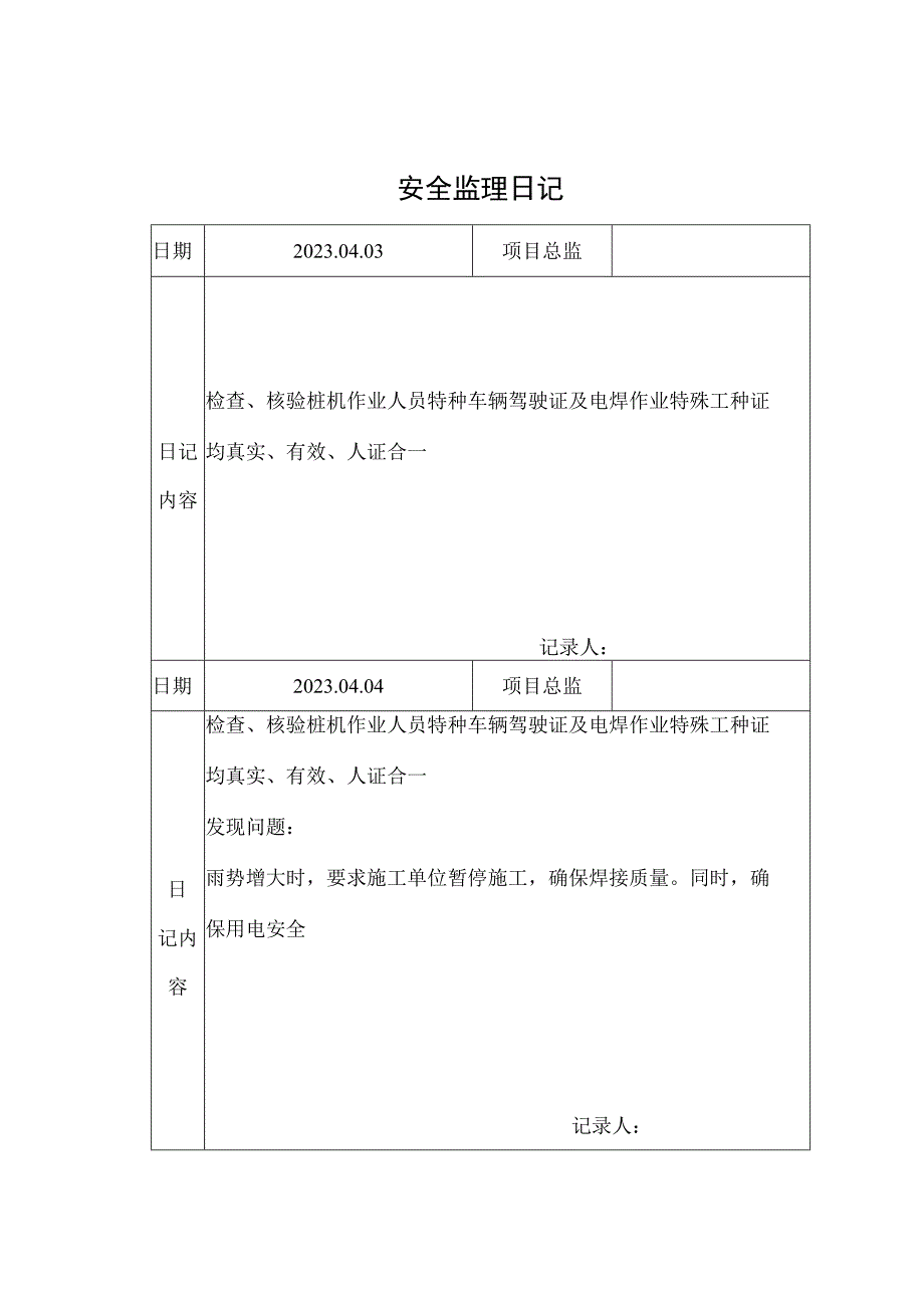 监理资料安全监理日记6.docx_第1页