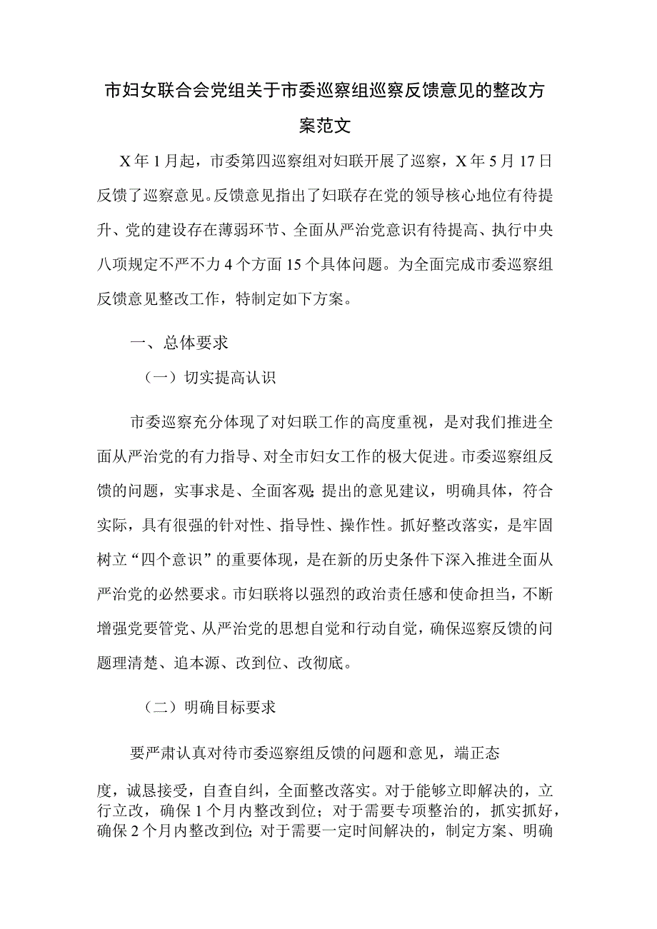 市妇女联合会党组关于市委巡察组巡察反馈意见的整改方案范文.docx_第1页