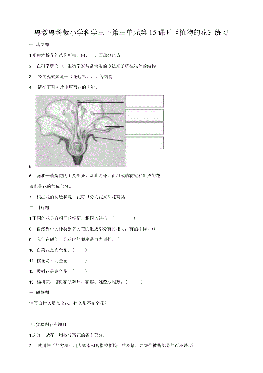 粤教版小学科学三下第15课时《植物的花》练习.docx_第1页