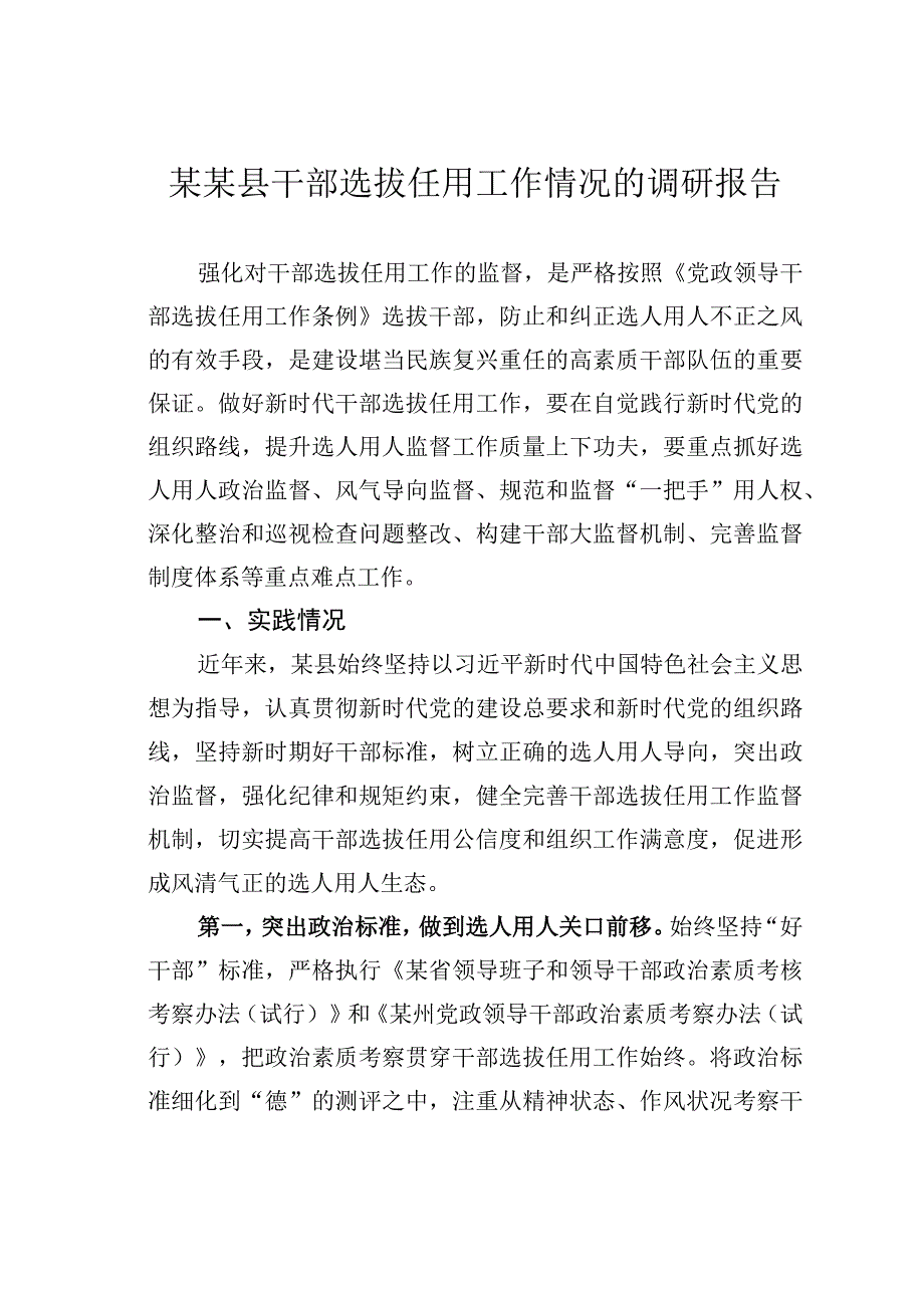 某某县干部选拔任用工作情况的调研报告.docx_第1页