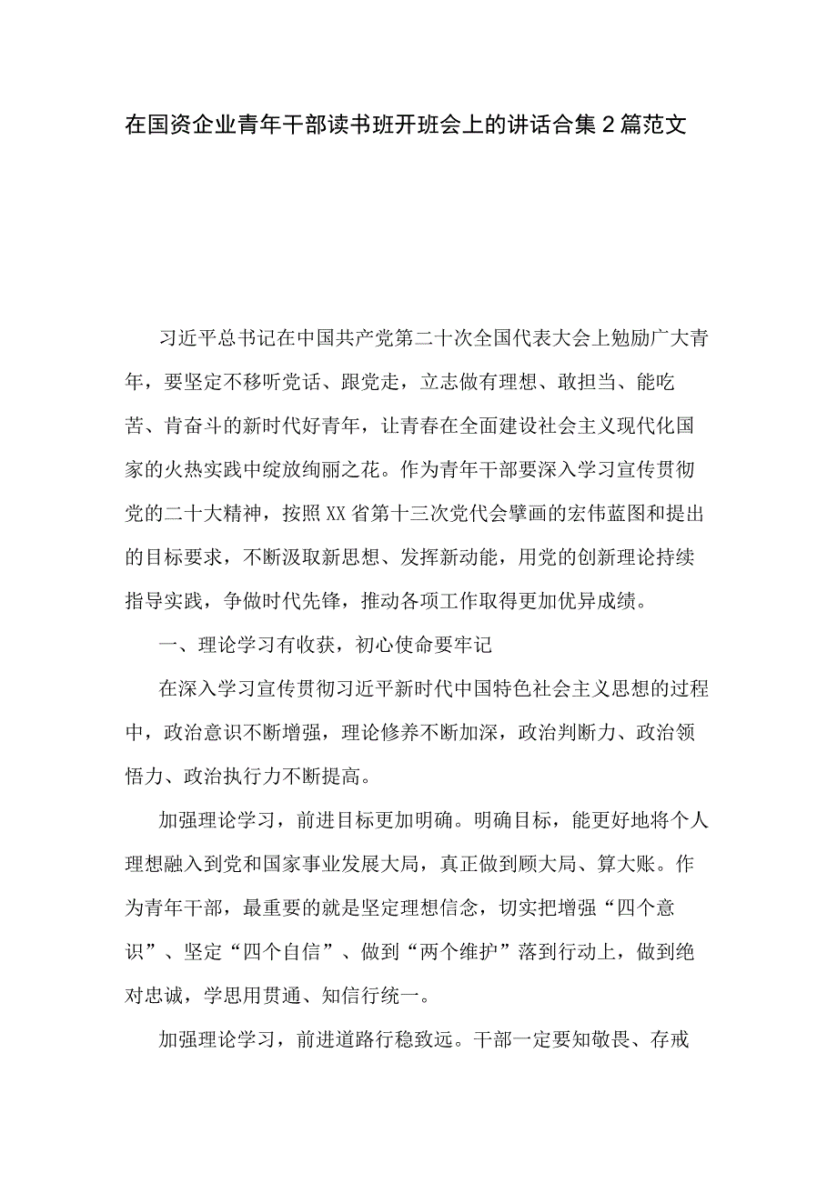 在国资企业青年干部读书班开班会上的讲话合集2篇范文.docx_第1页