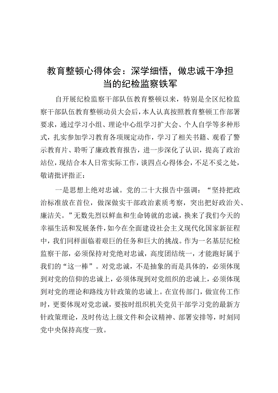 教育整顿心得体会：深学细悟做忠诚干净担当的纪检监察铁军.docx_第1页