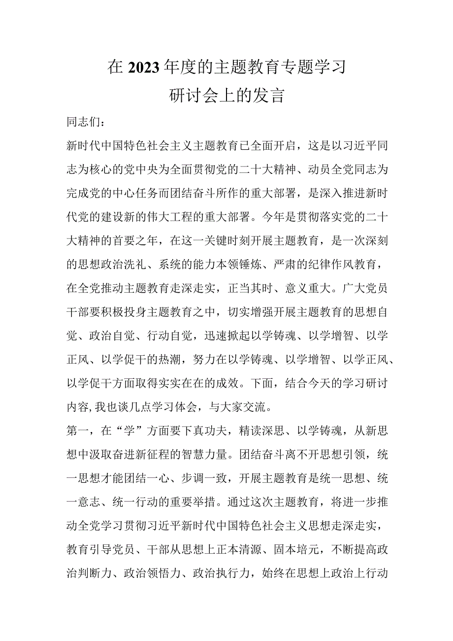 精选在2023年度的主题教育专题学习研讨会上的发言.docx_第1页