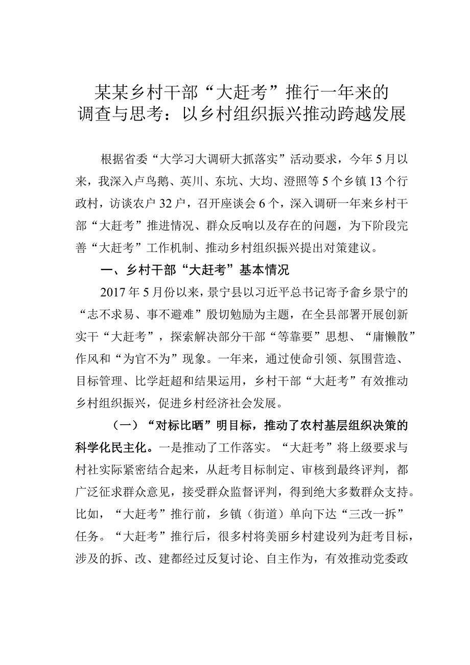 某某乡村干部大赶考推行一年来的调查与思考：以乡村组织振兴推动跨越发展.docx_第1页