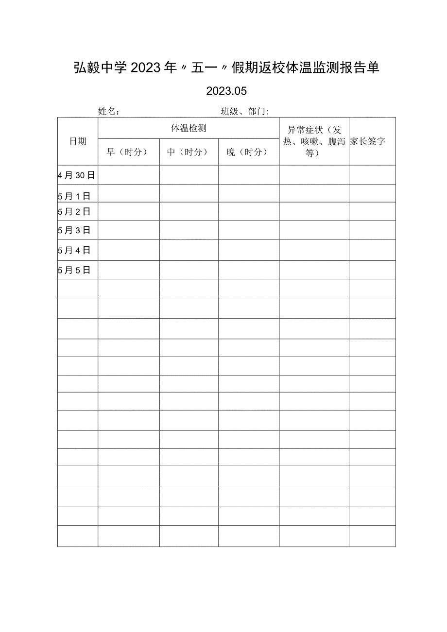 弘毅中学2023年五一假期返校体温监测报告单2023年五一假期返校体温监测报告单.docx_第1页