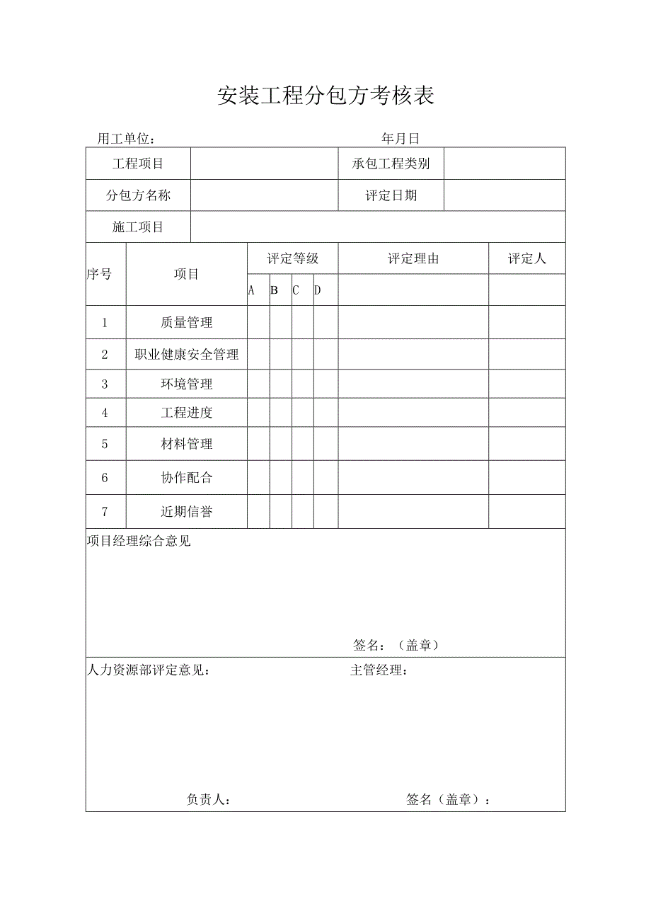 安装工程分包方考核表.docx_第1页