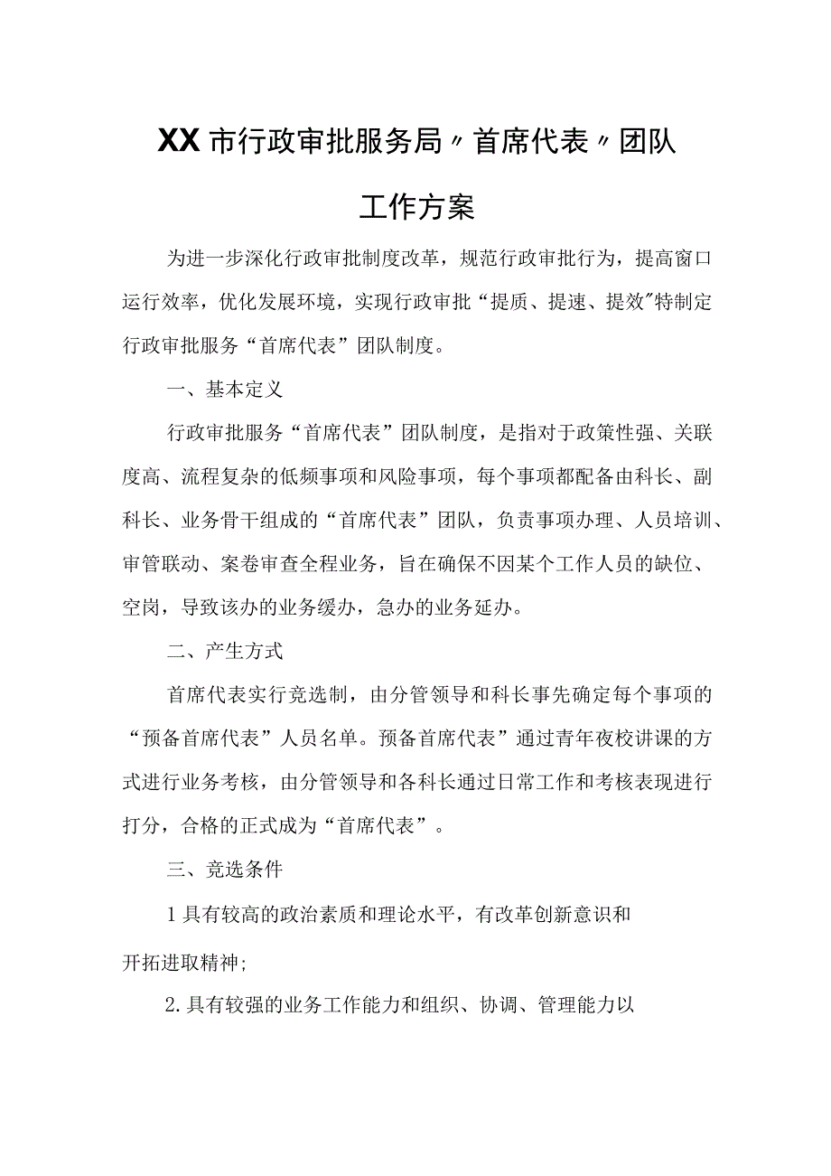 XX市行政审批服务局首席代表团队工作方案.docx_第1页