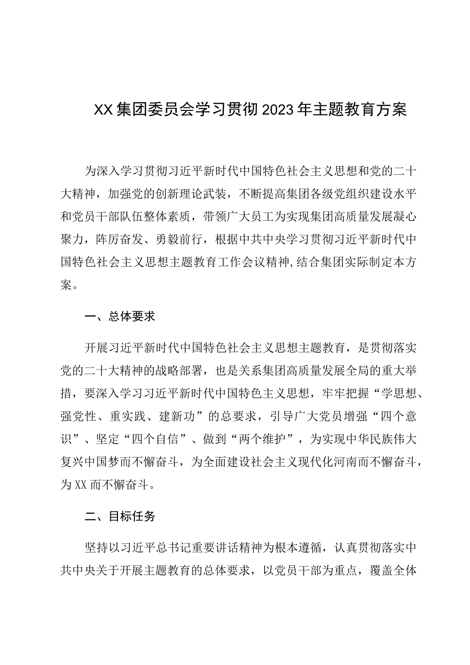 XX集团委员会学习贯彻2023年主题教育方案.docx_第1页