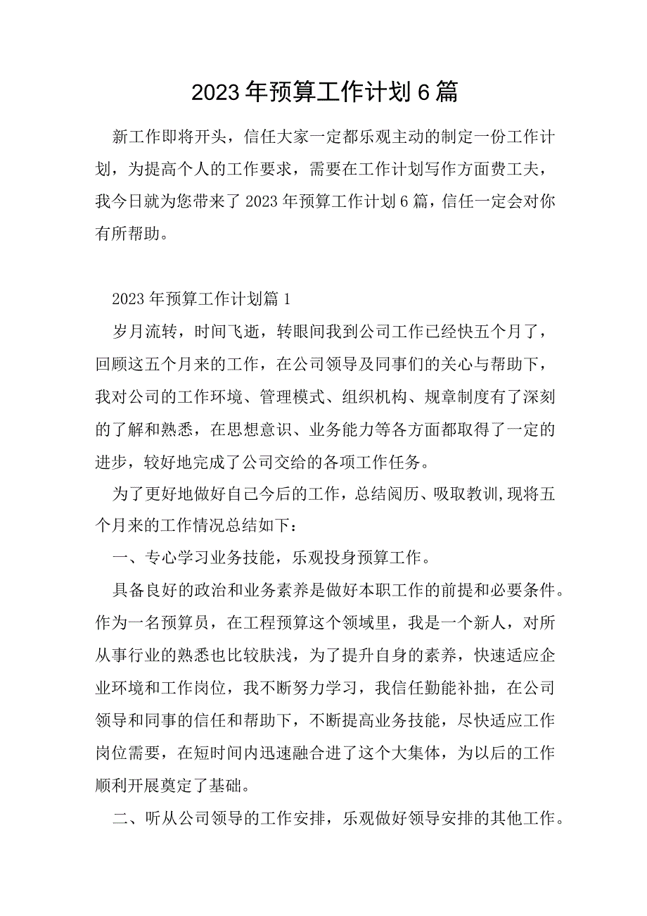 2023年预算工作计划6篇.docx_第1页