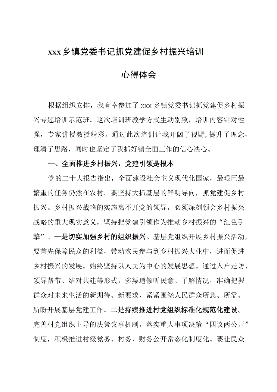 xxx乡镇党委书记抓党建促乡村振兴培训心得体会.docx_第1页