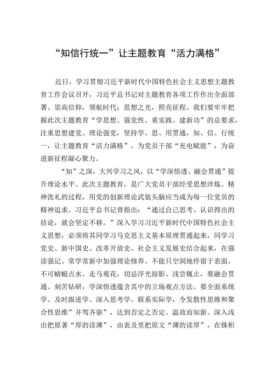 2023主题教育研讨发言知信行统一让主题教育活力满格.docx_第1页