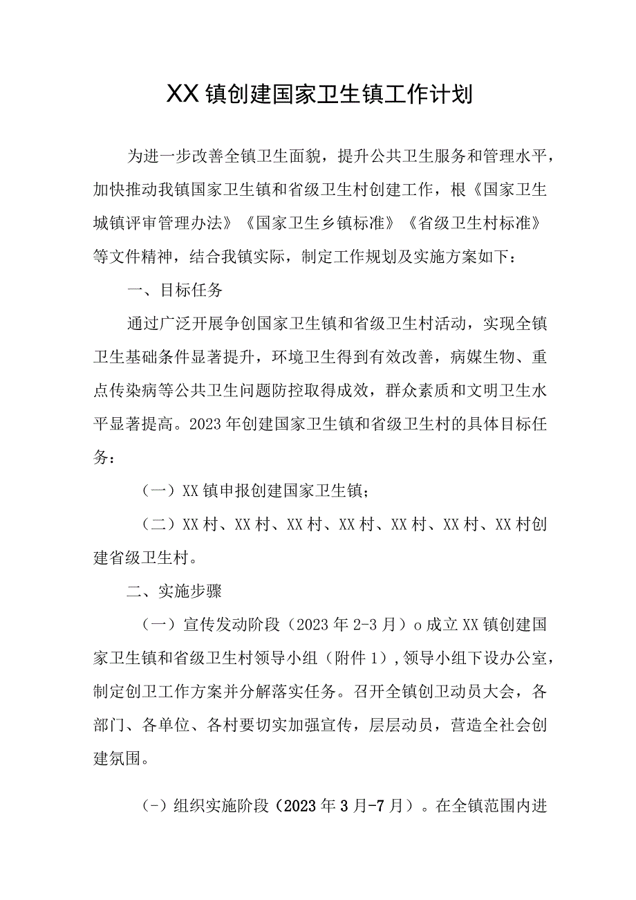 XX镇创建国家卫生镇工作计划.docx_第1页