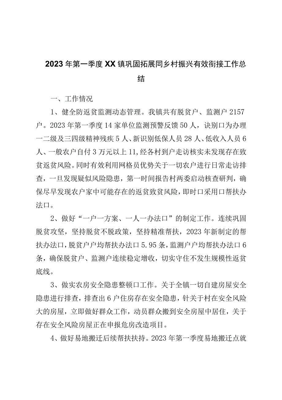 2023年第一季度镇巩固拓展同乡村振兴有效衔接工作总结.docx_第1页