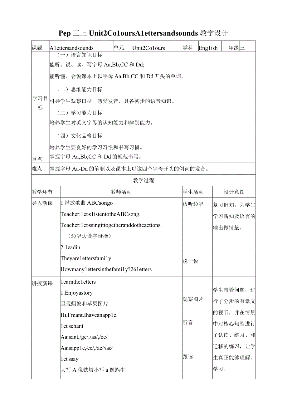 人教PEP三年级上册Unit2 Colours A let's spell教案.docx_第1页