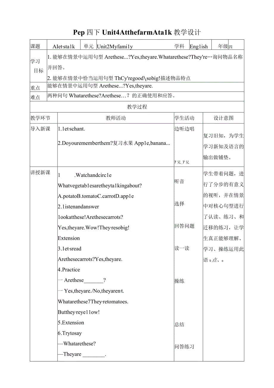 人教PEP四年级下册Unit4 At the farm A let's talk教案.docx_第1页