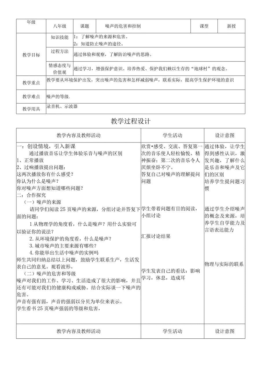 人教版八年级第二章第4节噪声的危害和控制教案 2.docx_第1页