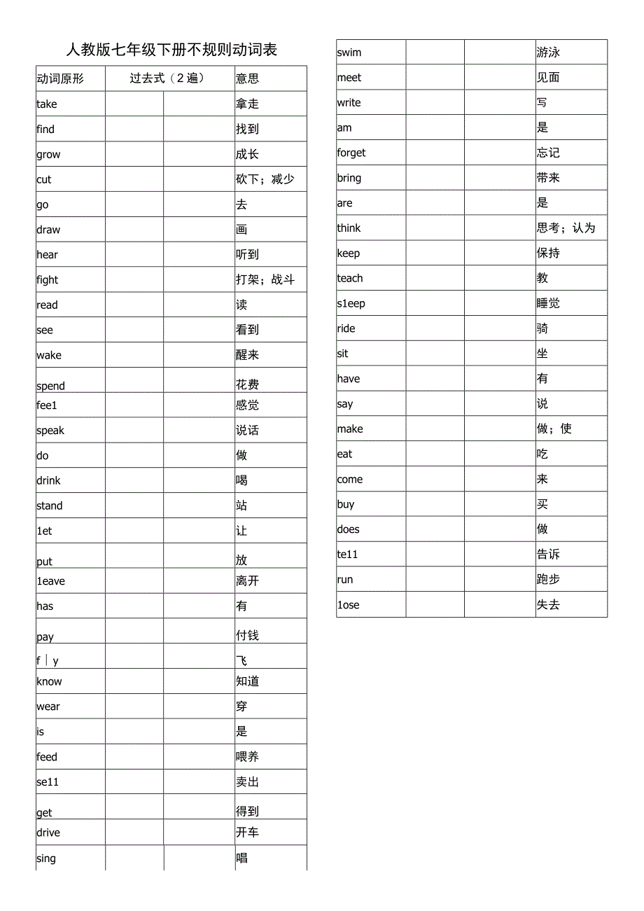 人教版七年级下册不规则动词默写版.docx_第1页