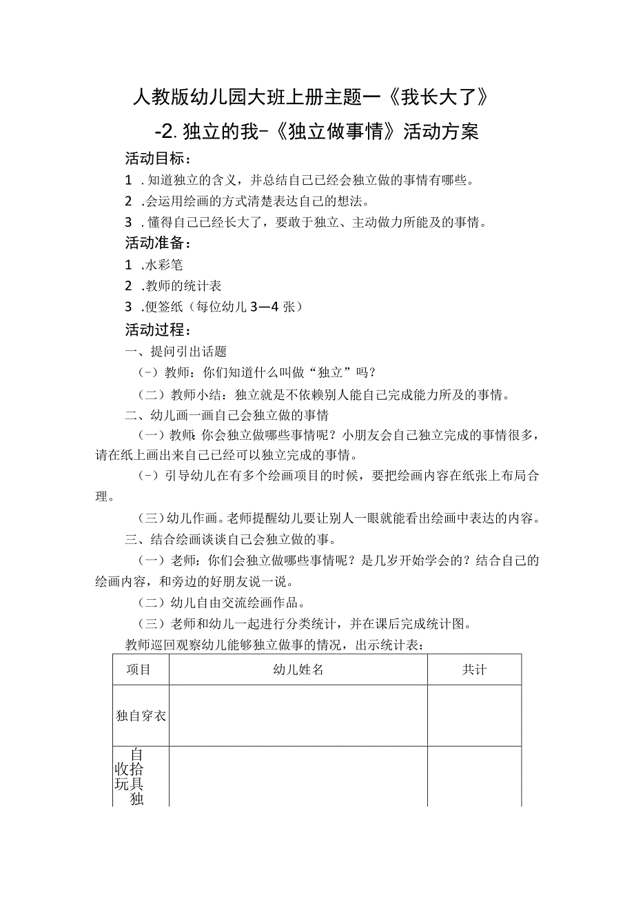 人教版幼儿园大班上册主题一《我长大了》2独立的我活动方案含四个方案.docx_第1页