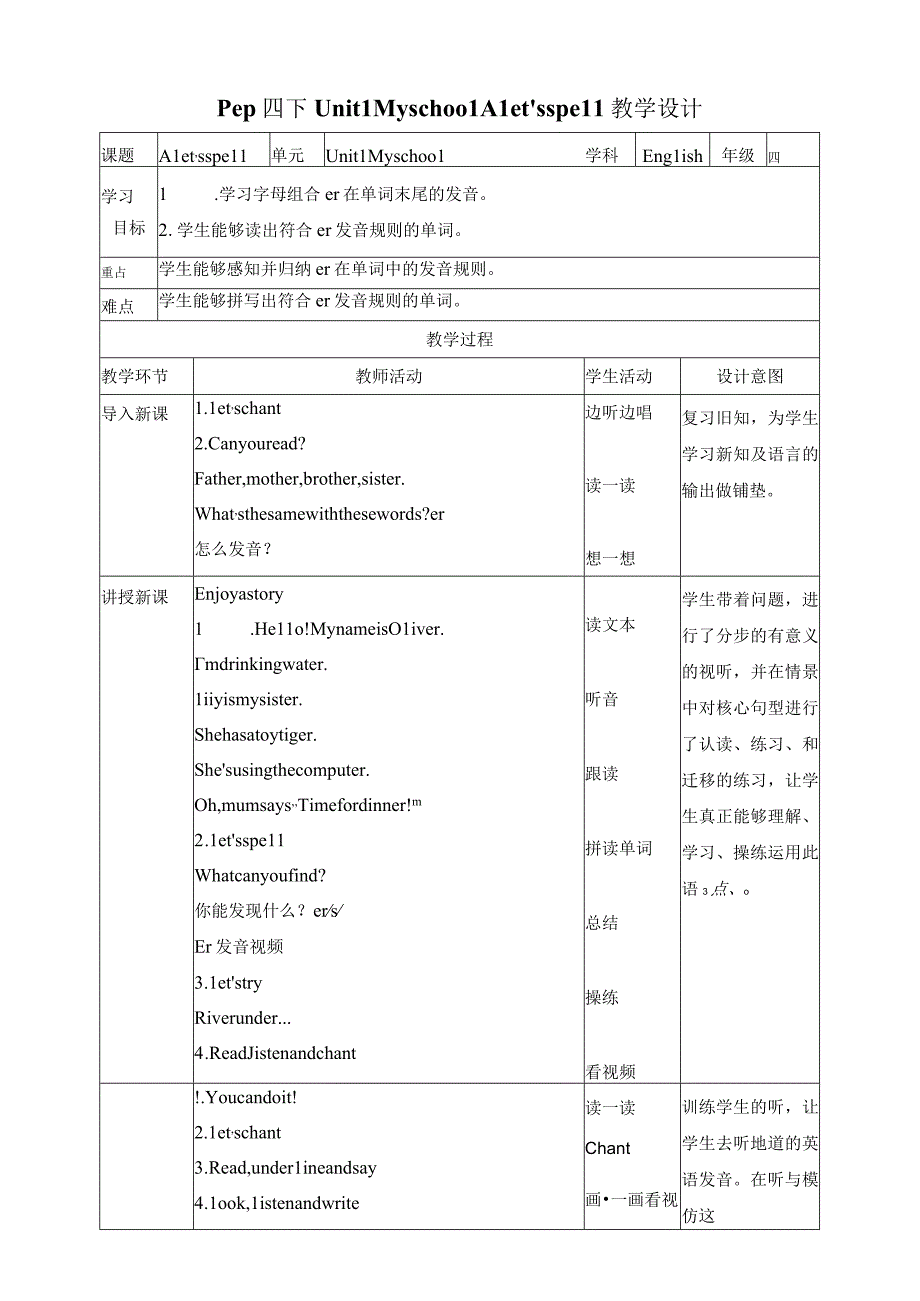 人教PEP四年级下册Unit1 My school A let's spell 教案.docx_第1页