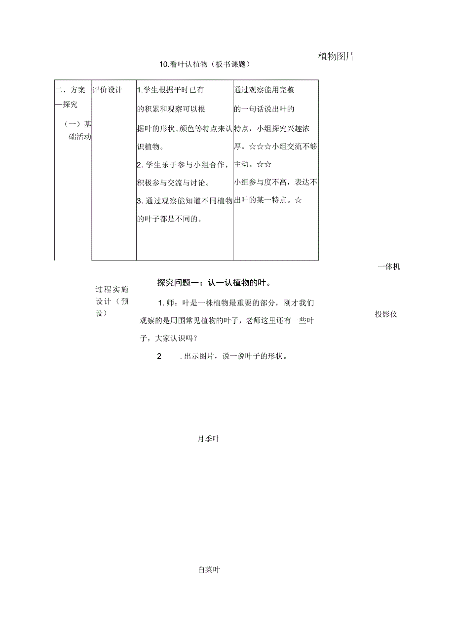 一年级科学下册教案表格版第10课：看叶认植物青岛版.docx_第2页