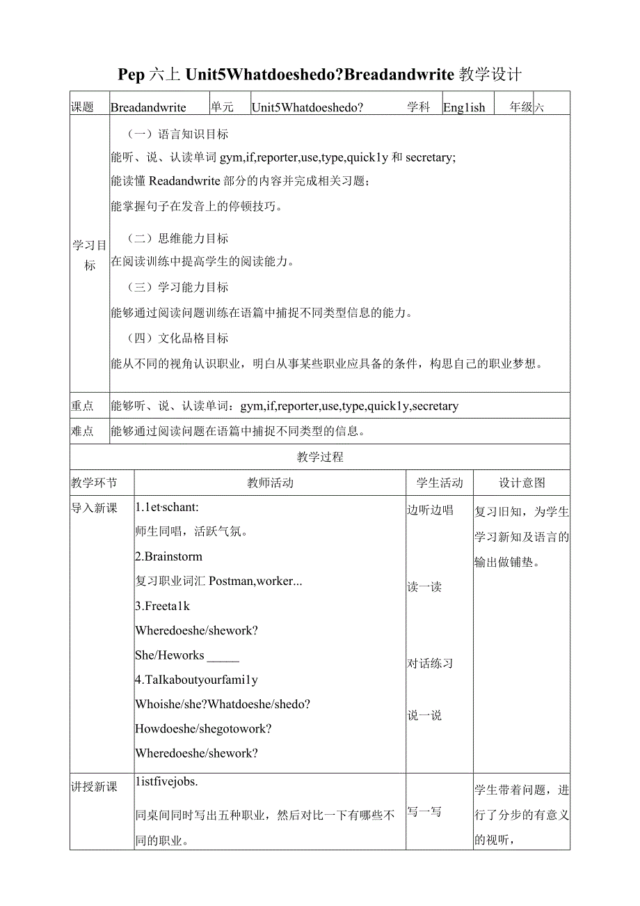 人教PEP六年级上册Unit5 What does he do B read and write 教案.docx_第1页