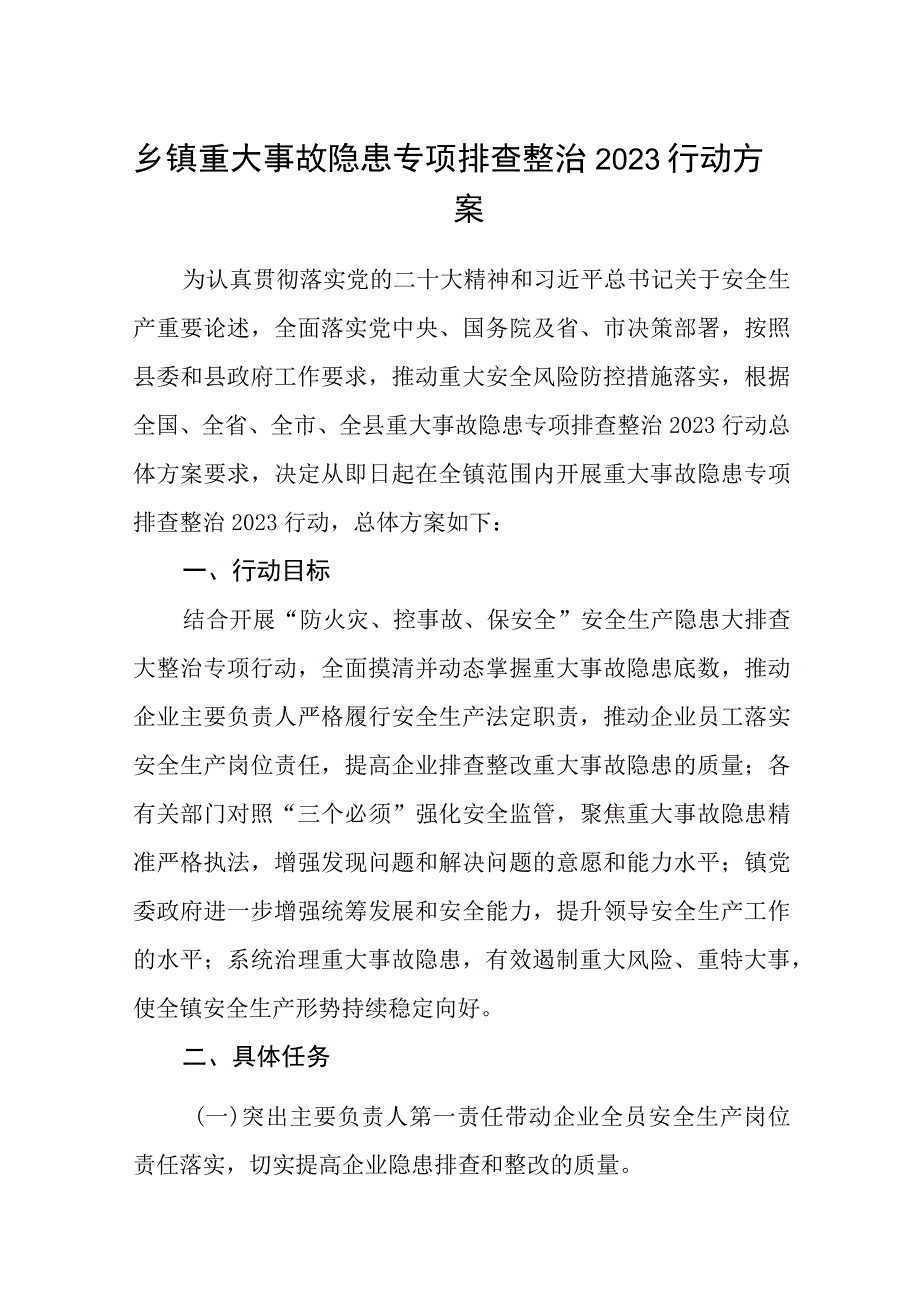 乡镇重大事故隐患专项排查整治2023行动方案精选五篇.docx_第1页