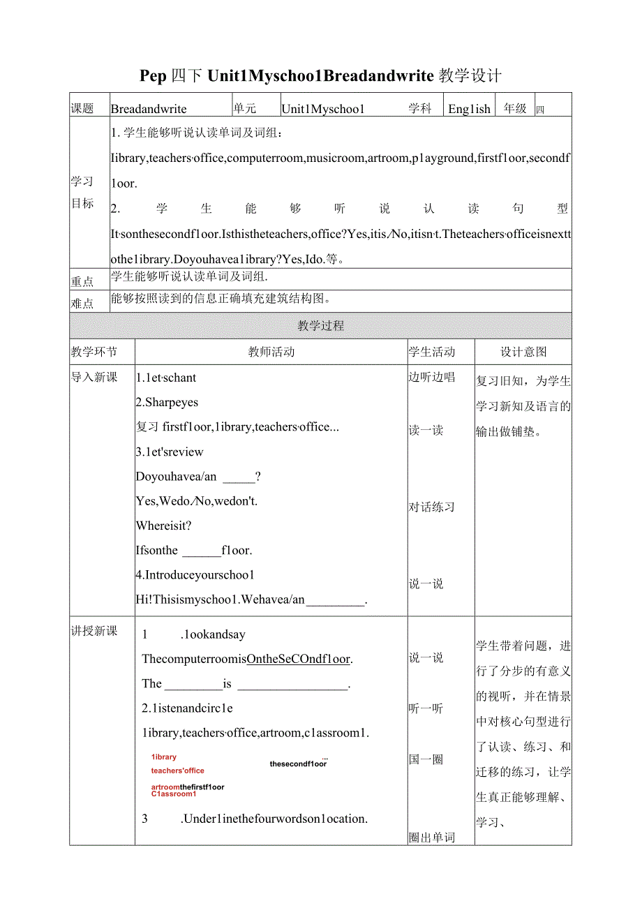 人教PEP四年级下册Unit1 My school B read and write教案.docx_第1页