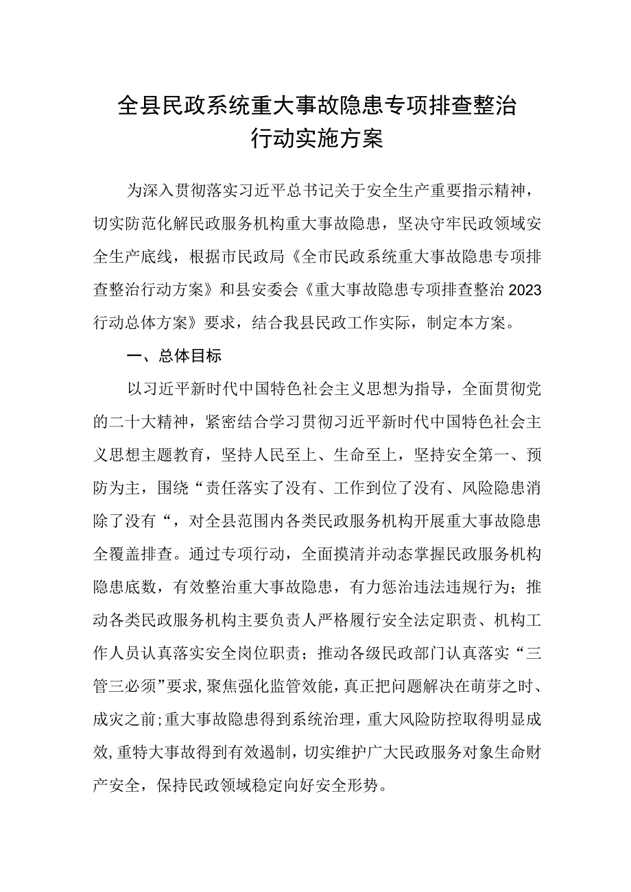 全县民政系统重大事故隐患专项排查整治行动实施方案.docx_第1页