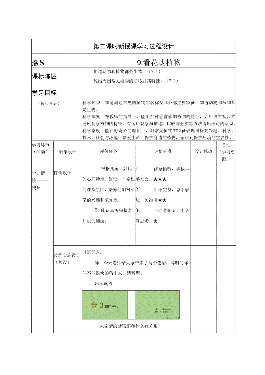 一年级科学下册教案表格版第09课：看花认植物 青岛版.docx_第1页