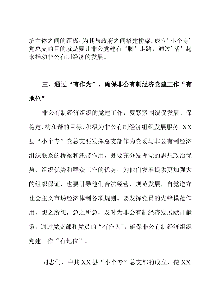 上级党组织在XX县小个专党总支成立暨选举党员大会上的讲话稿怎么写.docx_第3页