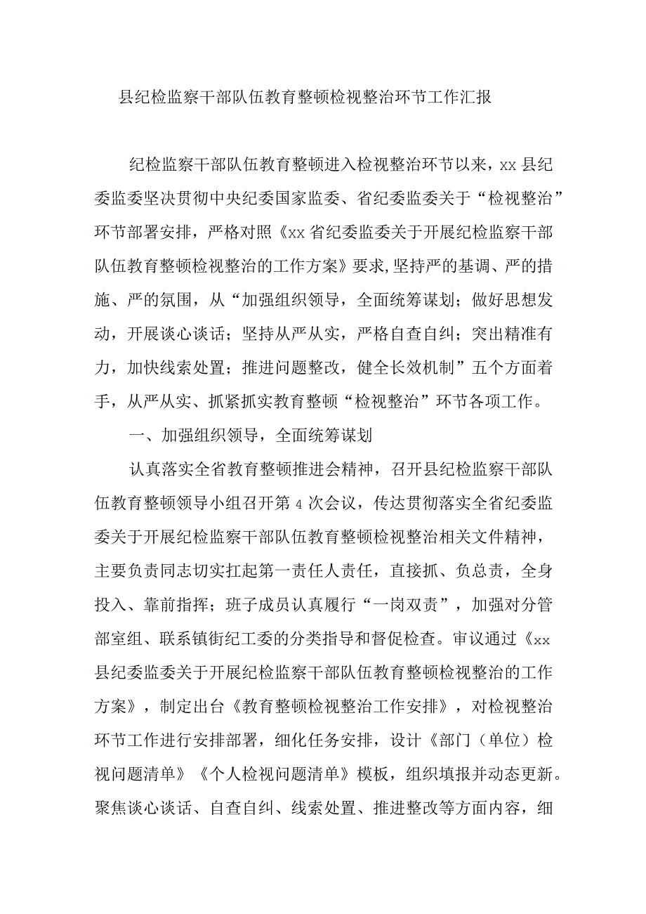 县纪检监察干部队伍教育整顿检视整治环节工作汇报.docx_第1页