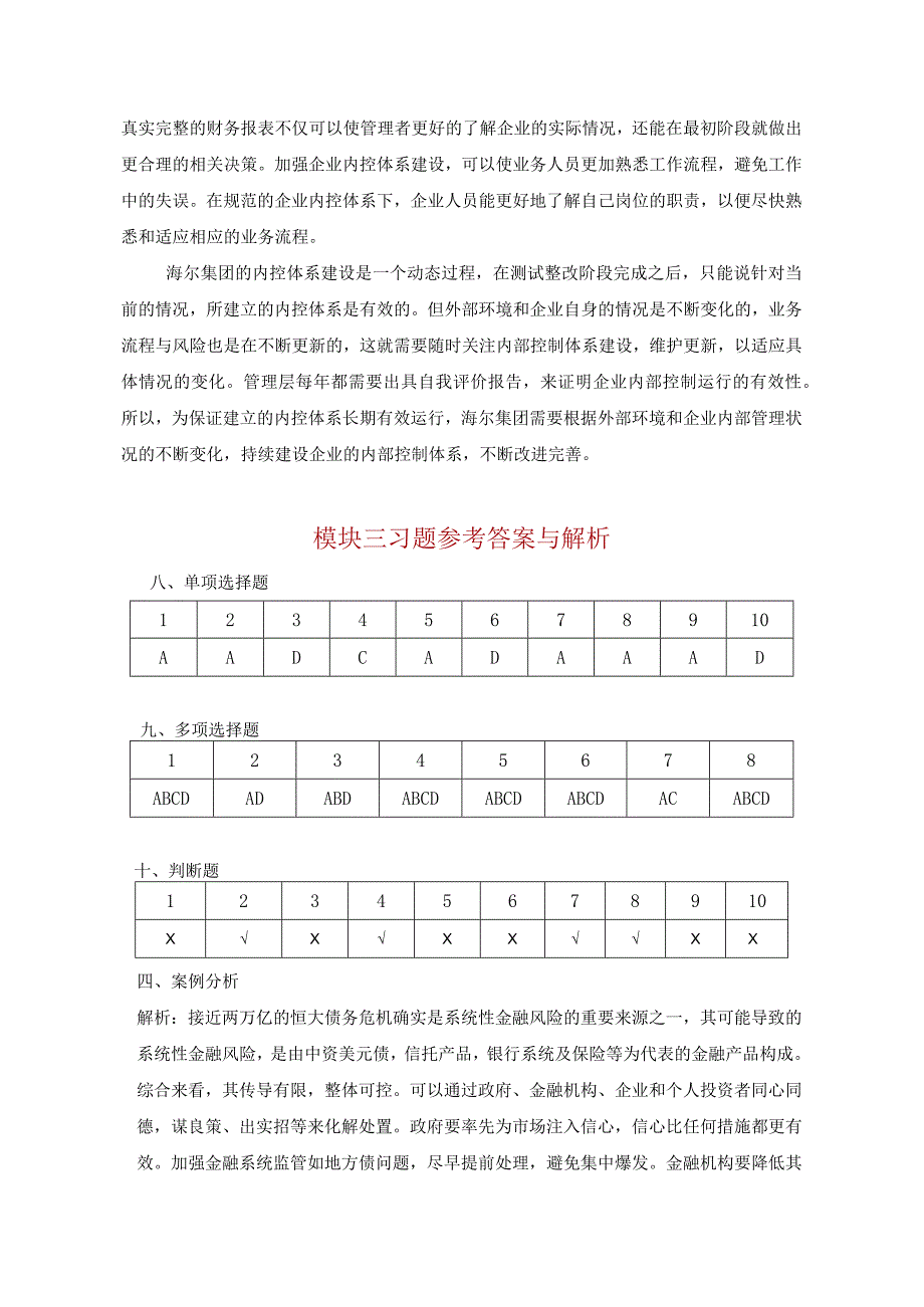 内部控制与风险管理 习题答案汇总张薇 模块19 内部控制基础 内部控制审计.docx_第3页