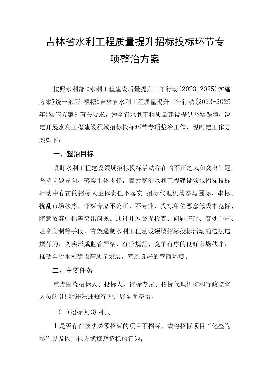 吉林省水利工程质量提升招标投标环节专项整治方案.docx_第1页